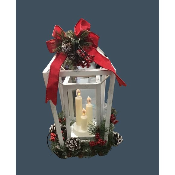 SET OF 2 - WHITE RUSTIC CHRISTMAS LANTERN CENTERPIECE BATTERY OPERATED - Picture 2 of 8